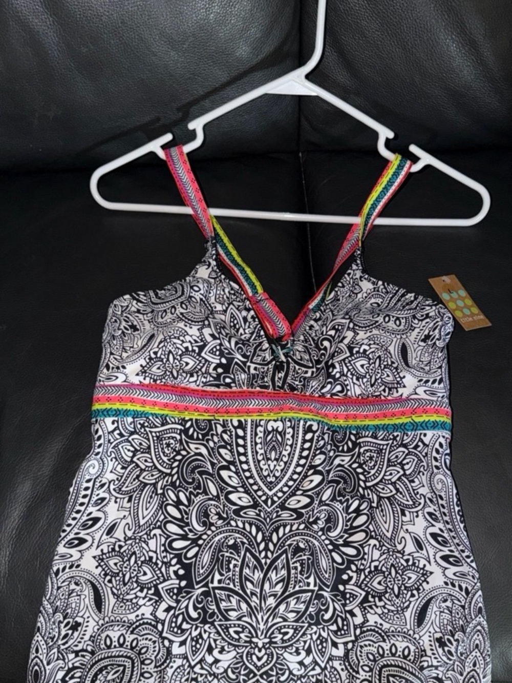 Title Nine Black & White Paisley Swim Dress with Rainbow Straps NWT